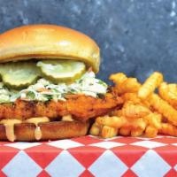Fan Favorite! Hot Chicken Sandwich · Crispy Nashville hot chicken served on a bun with dill pickles, coleslaw, and our signature ...