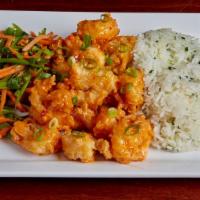 Bang Bang Shrimp · Succulent shrimp lightly dusted and golden fried. Tossed in our spicy bang bang sauce. Accom...
