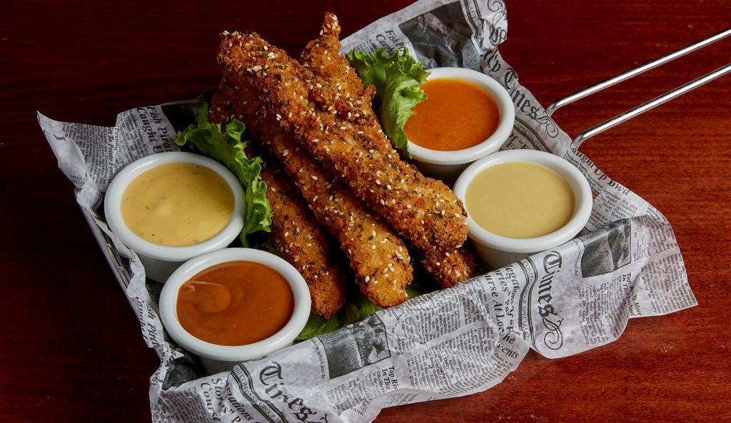 Sesame Stix · Fresh chicken breast strips coated in our signature sesame breading then golden fried. Accompanied by four of our signature dipping sauces.