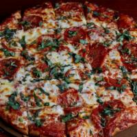 Classic Pepperoni · Artisan crust brushed with off the vine pizza sauce. Topped with sliced pepperoni, fresh bas...