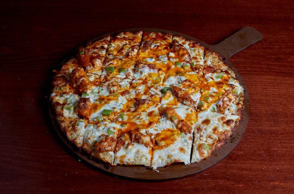 Buffalo Chicken · Artisan crust brushed with garlic aioli. Topped with julienne strips of crispy buffalo chicken, diced celery, mozzarella, bleu cheese crumbles and drizzled with house made buffalo sauce.