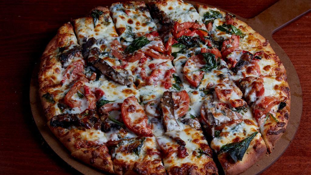 Farmers Market · Artisan crust topped with mozzarella cheese, marinated tomatoes, roasted red peppers, grilled portabella mushroom and fresh spinach.