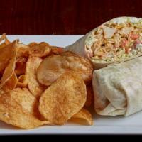 Buffalo Chicken Wrap · Grilled chicken tossed in buffalo sauce with shredded iceberg lettuce, bleu cheese crumbles,...