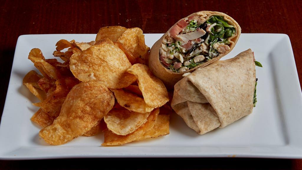 Grilled Chicken Wrap · Sliced grilled chicken breast, marinated tomatoes, spring greens, shredded mozzarella cheese and avocado ranch dressing in a warm honey wheat tortilla.