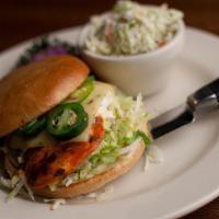 Buffalo Chicken Sandwich · Buffalo marinated Chicken breast fire grilled and topped with bleu cheese dressing, melted h...