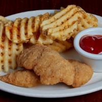Kids Chicken Strips · Chicken breast lightly breaded and golden fried.  Served with choice of waffle fries, chips,...