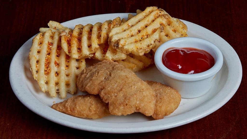 Kids Chicken Strips · Chicken breast lightly breaded and golden fried.  Served with choice of waffle fries, chips, fresh apple slices or coleslaw and your choice of our signature dipping sauces.