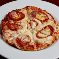 Kids Pepperoni Pizza · Traditional crust brushed with red sauce.  Topped with mozzarella cheese and pepperoni.