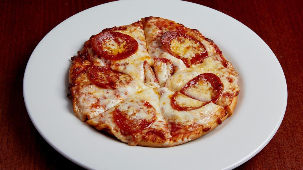 Kids Pepperoni Pizza · Traditional crust brushed with red sauce.  Topped with mozzarella cheese and pepperoni.