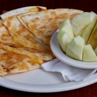 Kids Quesadilla · Cheddar and mozzarella cheeses grilled in a flour tortilla.  Served with choice of waffle fr...