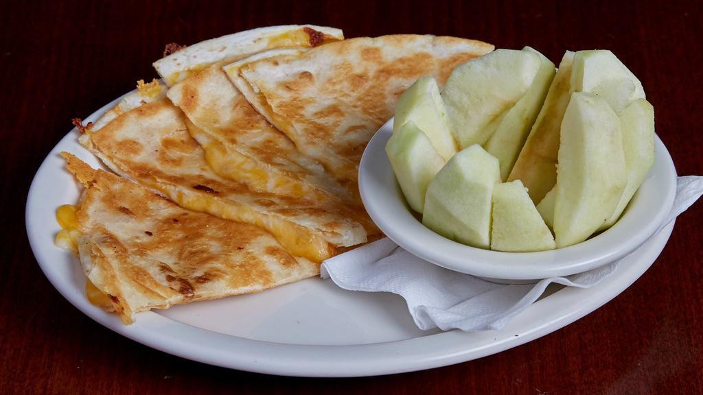 Kids Quesadilla · Cheddar and mozzarella cheeses grilled in a flour tortilla.  Served with choice of waffle fries, chips, fresh apple slices or coleslaw.
