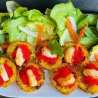 Bánh Khọt Tom Trung Ca · Vietnamese fusion crispy mini cakes - Shrimp & Tobiko topping served with lettuce, fresh her...