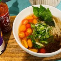 Phở Chay - Vegan Pho · Enoki mushroom, cherry tomatoes confit, tofu, veggies, and fresh herbs.