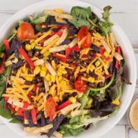 Sante Fe · 510-580 cal. Grape tomatoes, sweet corn, black beans, tortilla chips, Wisconsin cheddar chee...