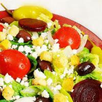 Greek Salad (Small) · Romaine lettuce, tomatoes, feta cheese, beets, kalamata olives, onions, pepperoncini, and Gr...