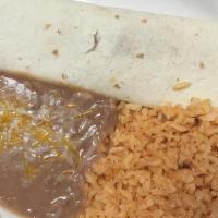 Bean Burrito · Two bean burritos with side of rice.