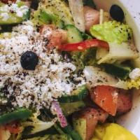Greek · Lettuce, feta cheese, cucumber, tomatoes, onion, kalamata olive, and Greek dressing.