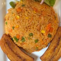Arroz Con Pollo  · maduros y ensalada 
Rice with Chicken-sweet plantains and salad