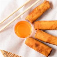 Egg Rolls (4) · Deep fried vegetarian rolls stuffed with seasoned glass noodles, cabbage and vegetables serv...