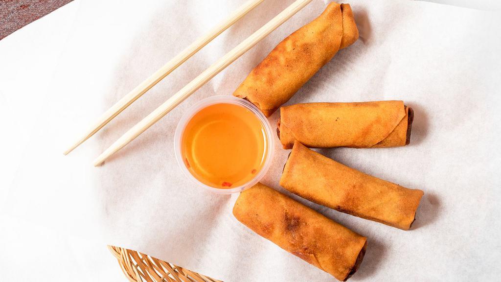 Egg Rolls (4) · Deep fried vegetarian rolls stuffed with seasoned glass noodles, cabbage and vegetables served with sweet and sour sauce.