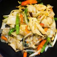 Drunken Noodle (Pad Kee Mao) · Flat, wide rice noodles stir-fried with fresh sweet basil, Thai chili, bell peppers, garlic,...