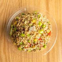 Quinoa Salad · Quinoa, brown rice, and chicken mixed with tomato, mango, cilantro, cucumber, edamame, ponzu...