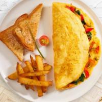 Veggie Omelette · Three eggs, onion, tomato, mushroom and green pepper served with hash brown, toast, and jelly.