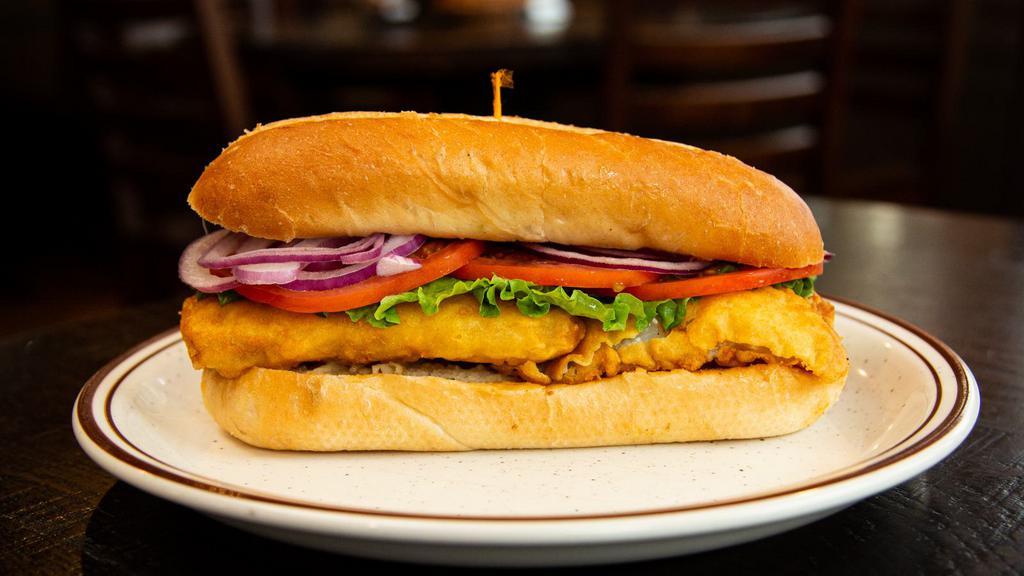 Fish Sandwich · Wild-caught Atlantic cod - broiled, blackened or hand-battered. Served on a toasted hoagie roll with lettuce, tomato and onion. Side of tartar sauce.