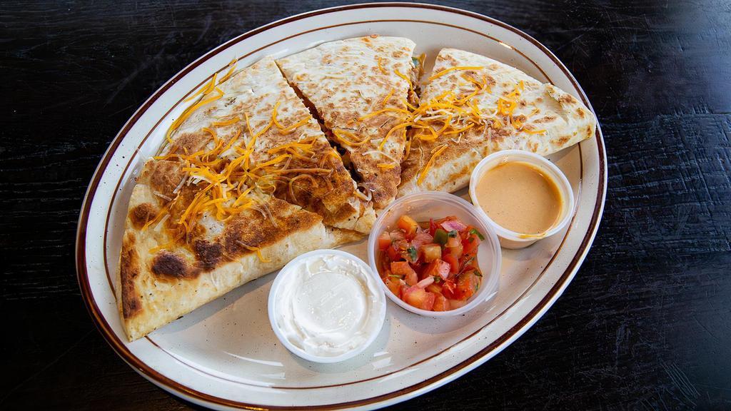 Bbq Quesadilla · A crisp flour tortilla stuffed with BBQ pulled pork, pulled chicken or grilled chicken, melted cheese, and salsa. Served with our Carolina sauce and sour cream on the side.