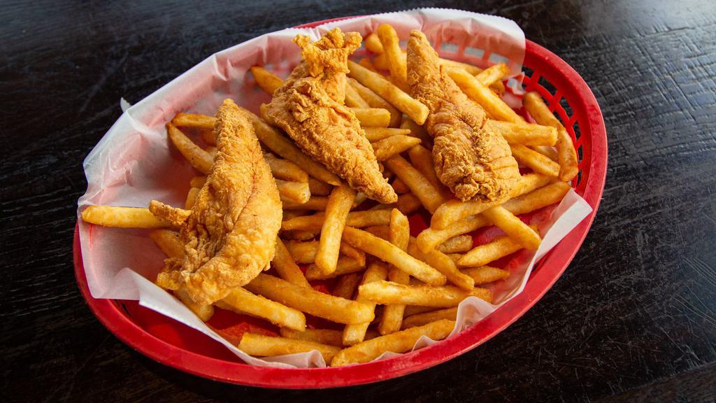 Chicken Tenders · Lightly battered and served with your choice of dipping sauces (BBQ, ranch or honey mustard) and fries.