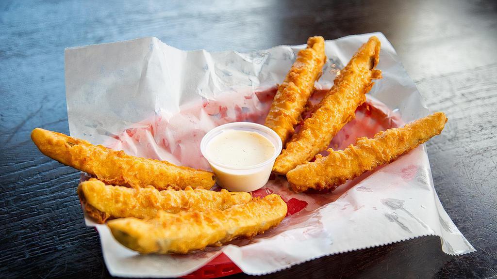 Fried Pickles · Hand-battered dill spears, deep fried and served with ranch dipping sauce.