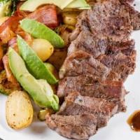 Steak And Avocado Potatoes · A frizzle-fried steak flanked with baby potatoes and brussels sprouts. Topped with bacon and...