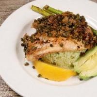Avocado Lemon Butter Tilapia · Fresh tilapia, parsley and capers sauteed in lemon butter served with fresh asparagus, avoca...
