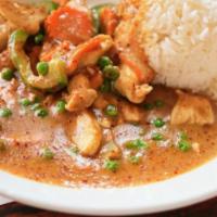 Panang Curry · Spicy. Sautéed meat with panang curry paste in coconut milk, green peas, bell pepper, carrot...