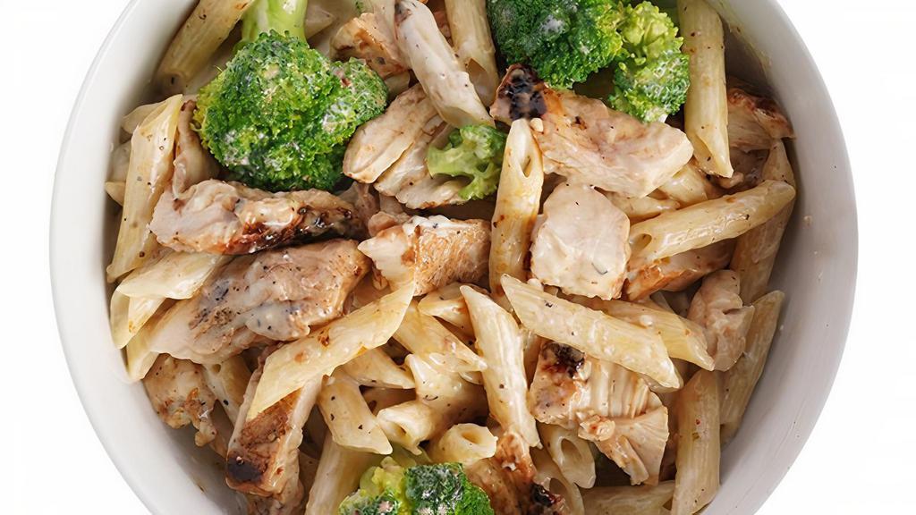 Chicken Alfredo Pasta Bowl · Perfectly cooked penne pasta with grilled white meat chicken, broccoli then tossed in our creamy alfredo sauce.
