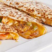 Chicken Quesadilla · Marinated chicken breast, bell peppers, onions, and tomatoes grilled and smothered in a 4 ch...