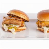 Grilled Chicken Sliders · 3 Grilled marinated chicken breast, topped with a 5 cheese blend, mayo, and pickles on toast...