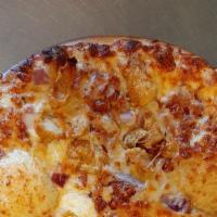 Buffalo Chicken · creamy buffalo sauce, chicken breast, red onion, bacon, Provolone, and Colby Jack cheese, fi...