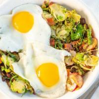 Plant-Based Hash · roasted sweet potatoes + asparagus + brussel sprouts + radishes + onions + two sunny side up...