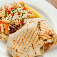 Tortilla Chicken Wrap · Grilled chicken, bacon, pico, spinach and artichoke spread, and pepper jack in a garlic herb...