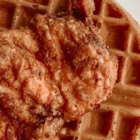 *Chicken & Waffle · Our Belgium waffle infused with bacon and topped with our handmade buttermilk fried chicken ...