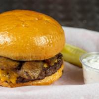 Cheese Burger · 1/3 lb black Angus patty, ketchup, mustard, and pickle.