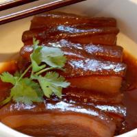 Braised Pork Belly 东坡肉 · Bok choy, cilantro, rice wine, mushroom soy, sesame oil.
