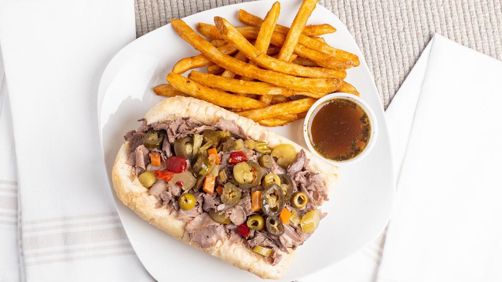 Italian Beef · Italian beef topped with your choice of Grilled sweet bell peppers or hot giardiniera peppers on a French roll .

** Fries not included with the price