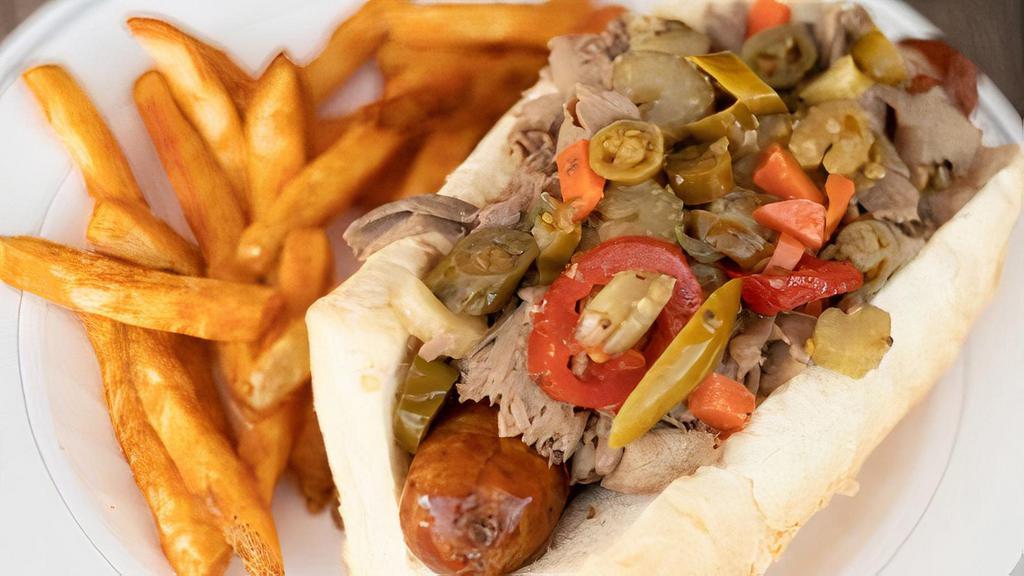 Italian Beef & Sausage · Italian beef on top of our amazing sausage topped with your choice of Grilled sweet bell peppers or hot giardiniera peppers on a French roll.

** Fries not included with the price