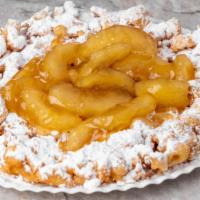 Apple Works · Our delicious classic funnel cake topped with apples and your choice of toppings as desired.