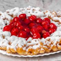 Cherry Works · Our delicious classic funnel cake topped with cherries and your choice of additional topping...