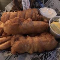 English Fish 'N' Chips · Beer-battered, crispy, deep-fried Atlantic cod. Served with a healthy portion of 