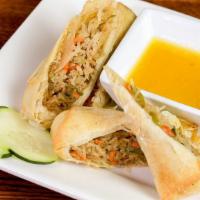 Spring Rolls (2) · Hand rolled with bean thread noodles and deep fried. Served with our homemade sweet fruit sa...