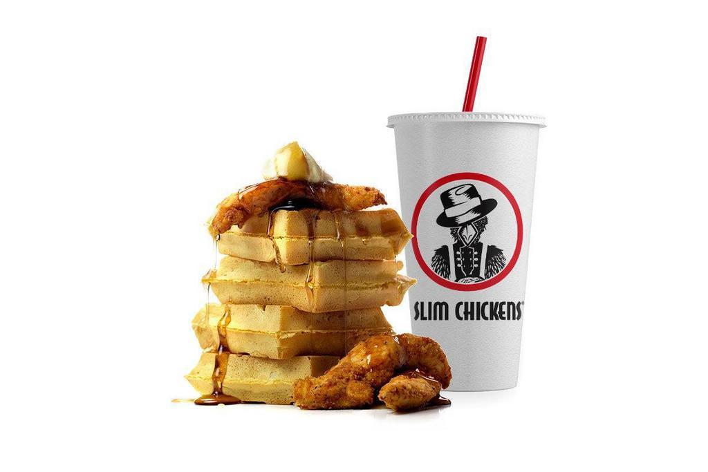 Chicken & Waffles · 3 fried tenders over a waffle, served with syrup and butter on the side and a drink.